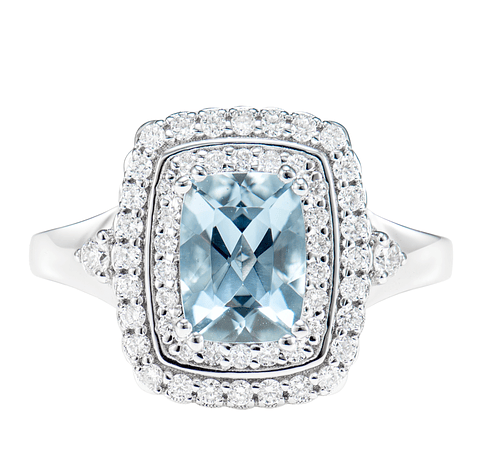 Maxi Anillo Aguamarina Doble Halo de Diamantes en Oro Blanco 18K