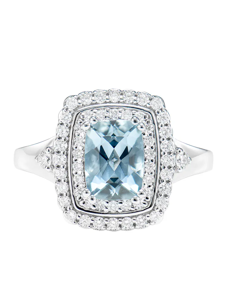 Maxi Anillo Aguamarina Doble Halo de Diamantes en Oro Blanco 18K 1