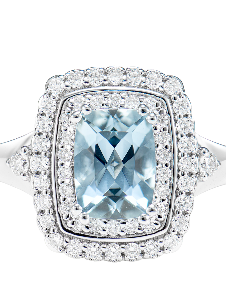 Maxi Anillo Aguamarina Doble Halo de Diamantes en Oro Blanco 18K 1
