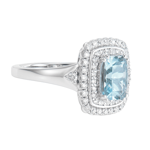 Maxi Anillo Aguamarina Doble Halo de Diamantes en Oro Blanco 18K