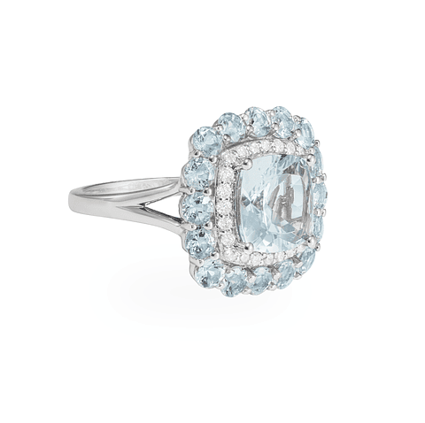 Gran Maxi Anillo Aguamarinas y Diamantes en Oro Blanco 18K