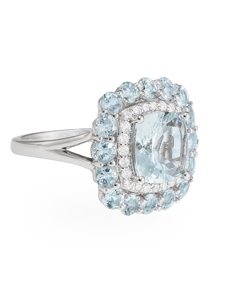 Gran Maxi Anillo Aguamarinas y Diamantes en Oro Blanco 18K 2