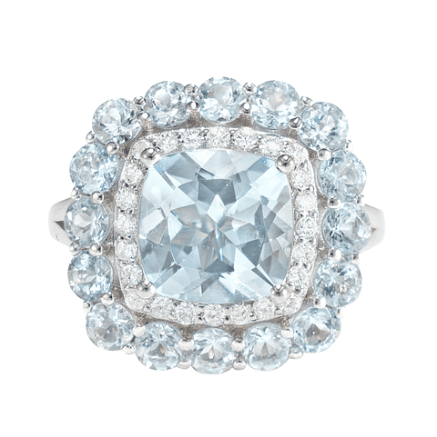 Gran Maxi Anillo Aguamarinas y Diamantes en Oro Blanco 18K