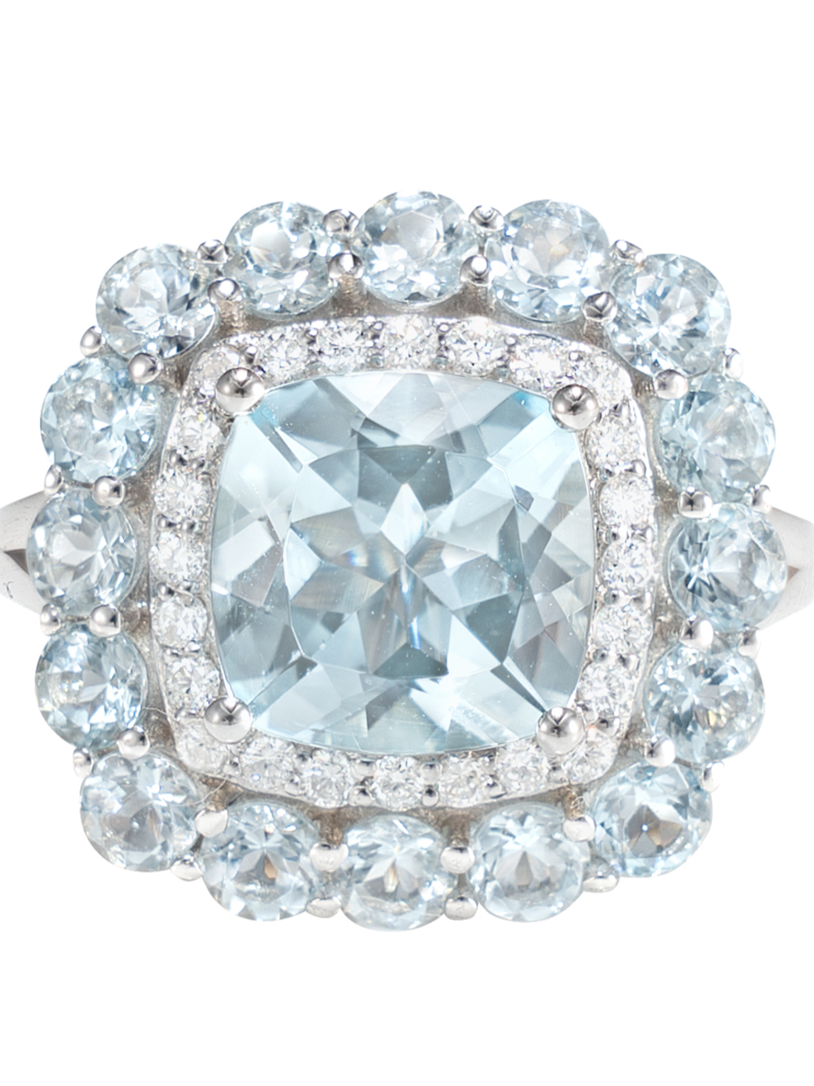 Gran Maxi Anillo Aguamarinas y Diamantes en Oro Blanco 18K 1