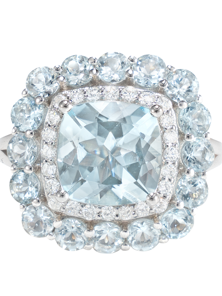 Gran Maxi Anillo Aguamarinas y Diamantes en Oro Blanco 18K 1
