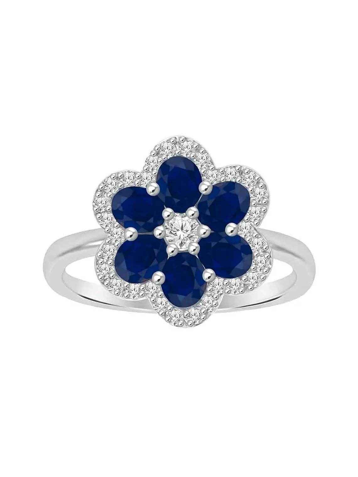 Anillo Solitario Flor de Zafiros Azules y Diamantes en Oro Blanco 18K 1