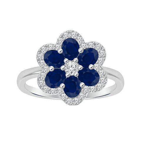 Anillo Solitario Flor de Zafiros Azules y Diamantes en Oro Blanco 18K