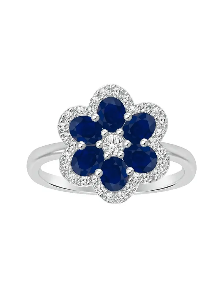 Anillo Solitario Flor de Zafiros Azules y Diamantes en Oro Blanco 18K 1