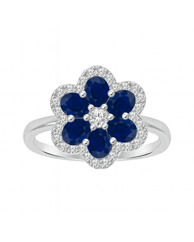 Anillo Solitario Flor de Zafiros Azules y Diamantes en Oro Blanco 18K