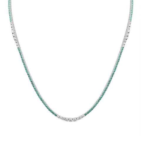 Maravilloso Collar Tennis Esmeraldas y Diamantes Naturales Oro Blanco 18K