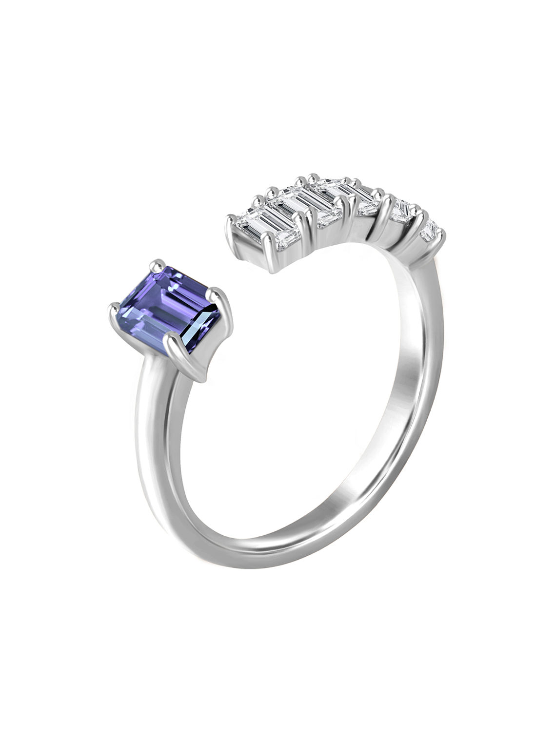 Anillo Moderno Zafiro y Diamantes corte Esmeralda en Oro Blanco 18K 1