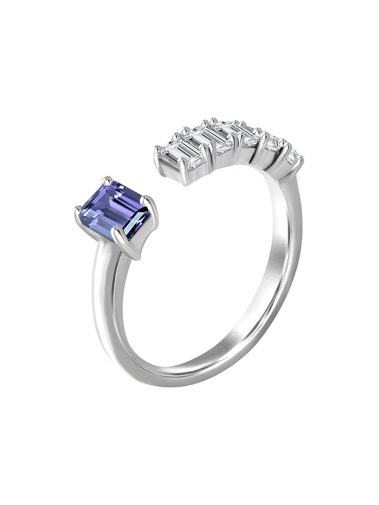 Anillo Moderno Zafiro y Diamantes corte Esmeralda en Oro Blanco 18K 1