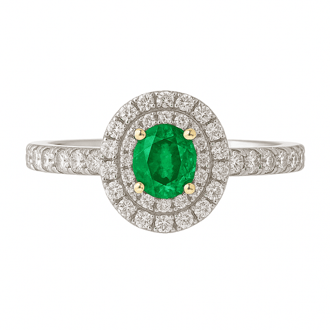 Anillo Solitario Esmeralda Ovalada Doble Halo Diamantes 
