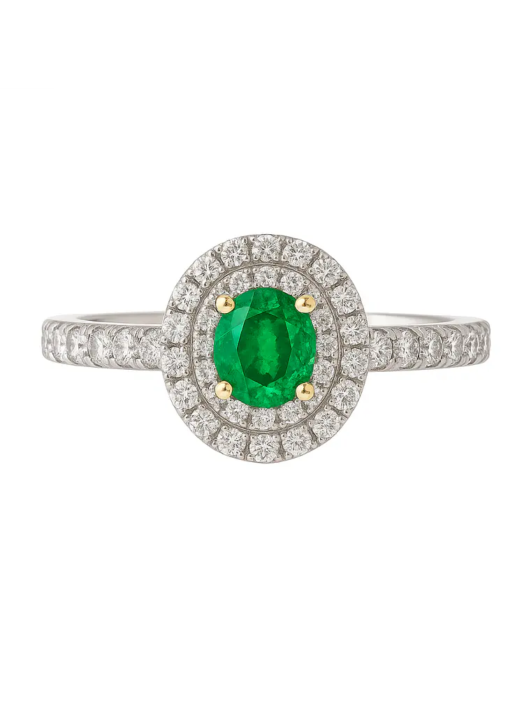 Anillo Solitario Esmeralda Ovalada Doble Halo Diamantes  1