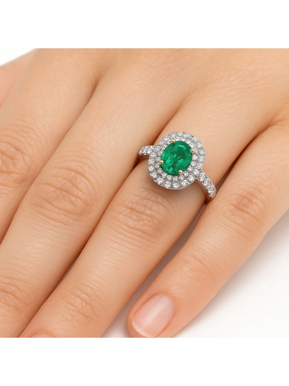 Anillo Solitario Esmeralda Ovalada Doble Halo Diamantes  2