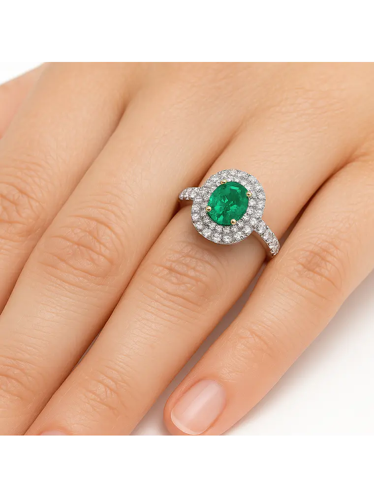 Anillo Solitario Esmeralda Ovalada Doble Halo Diamantes  2