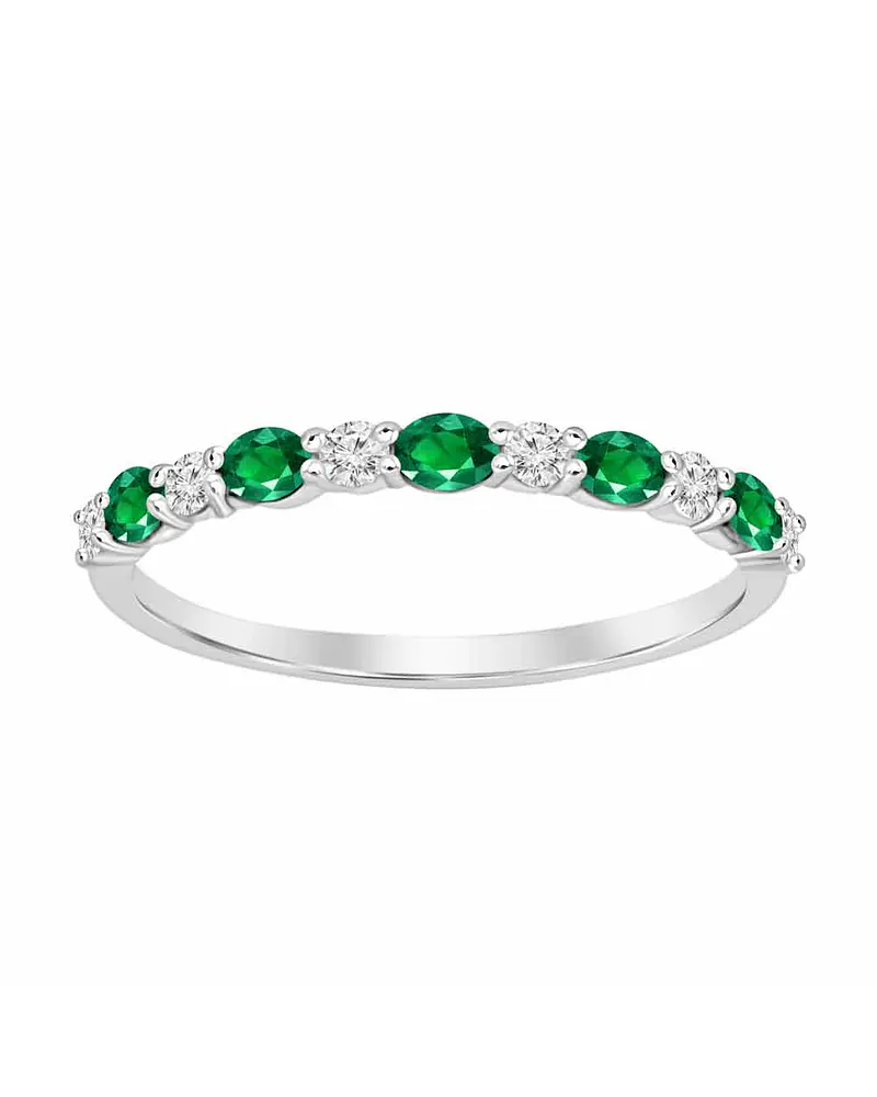 Anillo Cintillo Esmeraldas Ovaladas y Diamantes Oro Blanco 18K
