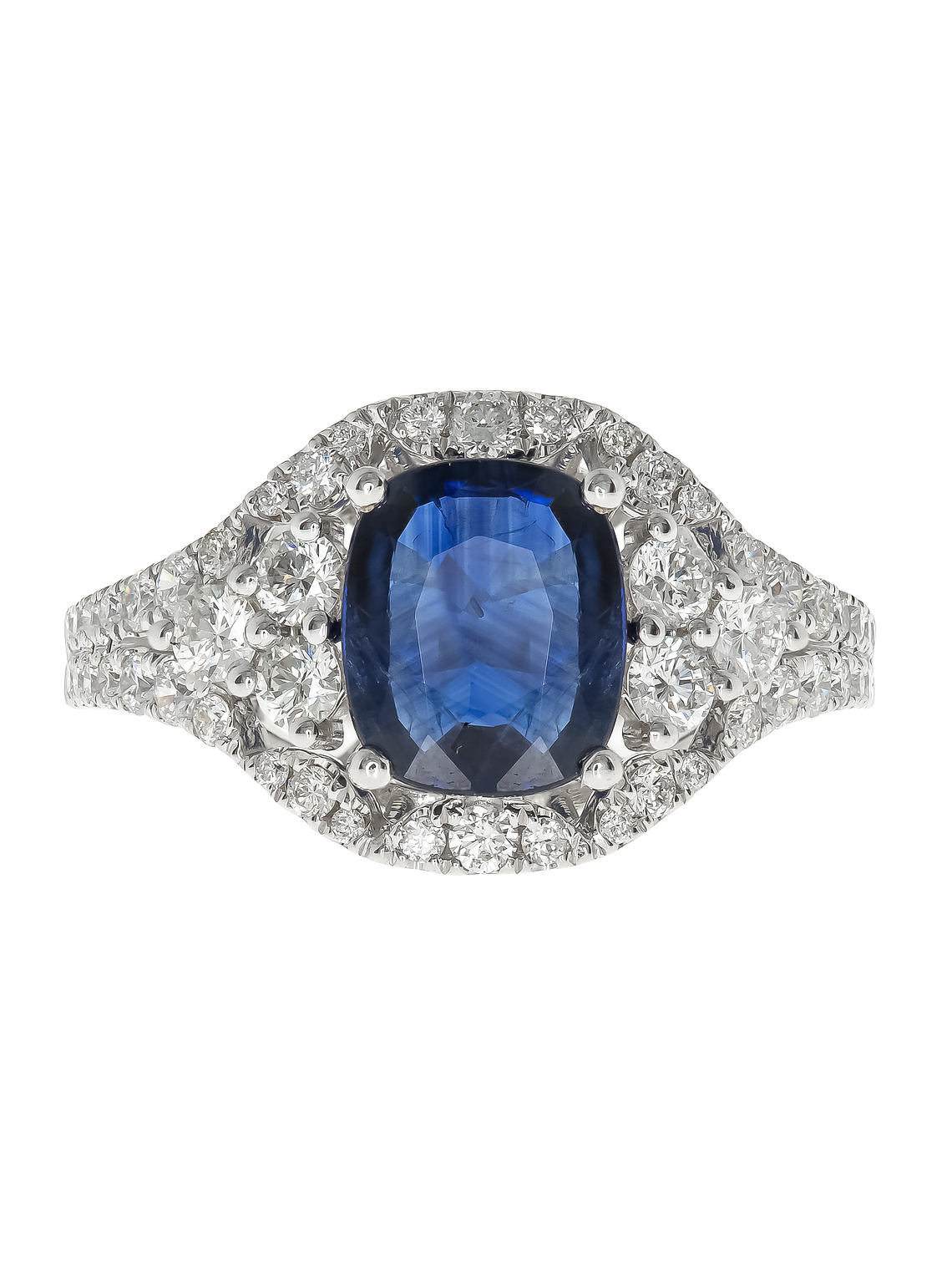 Moderno Anillo Solitario Gran Zafiro Azul Halo de Diamantes Oro Blanco 18K 1