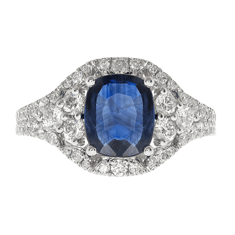 Moderno Anillo Solitario Gran Zafiro Azul Halo de Diamantes Oro Blanco 18K