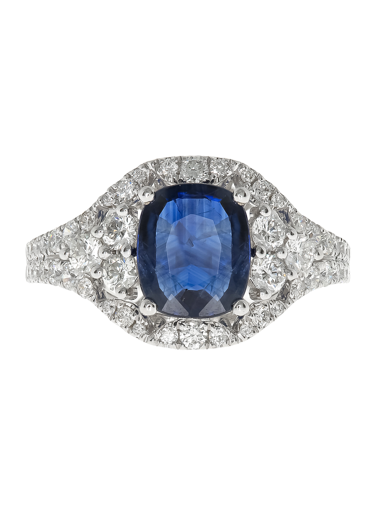 Moderno Anillo Solitario Gran Zafiro Azul Halo de Diamantes Oro Blanco 18K 1