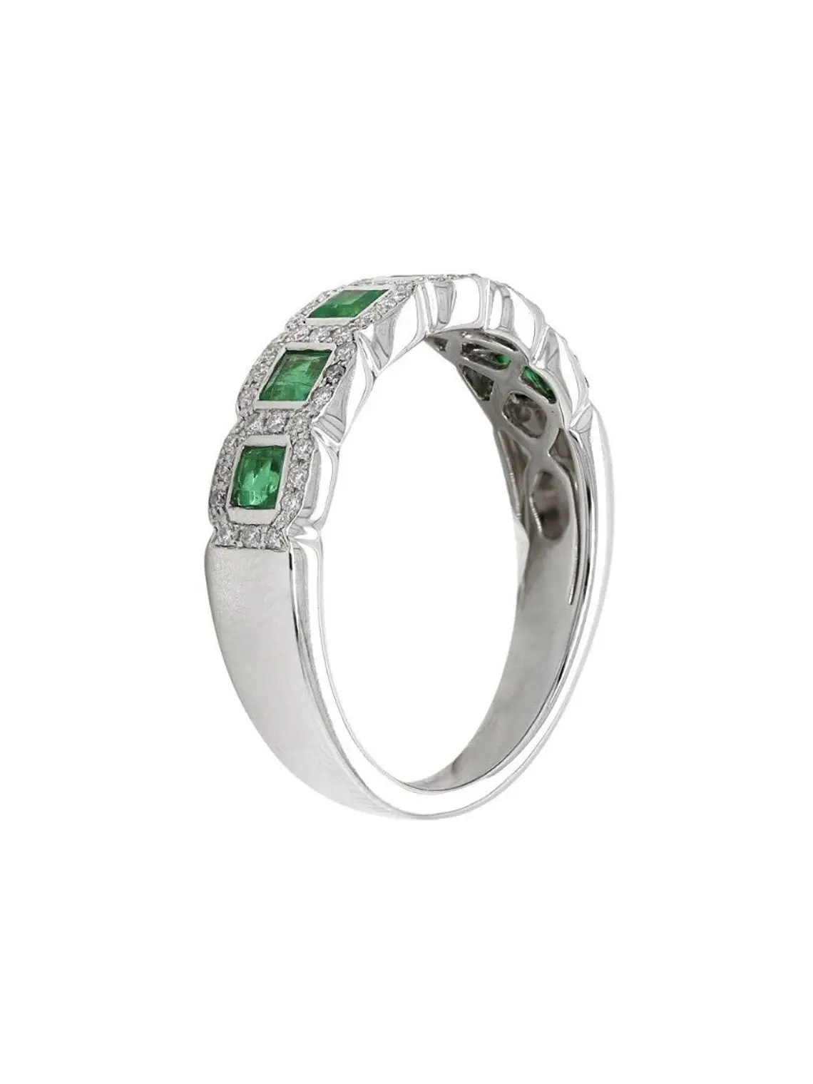 Anillo Cintillo Preciosas Esmeraldas y Diamantes en Oro Blanco 18K 2