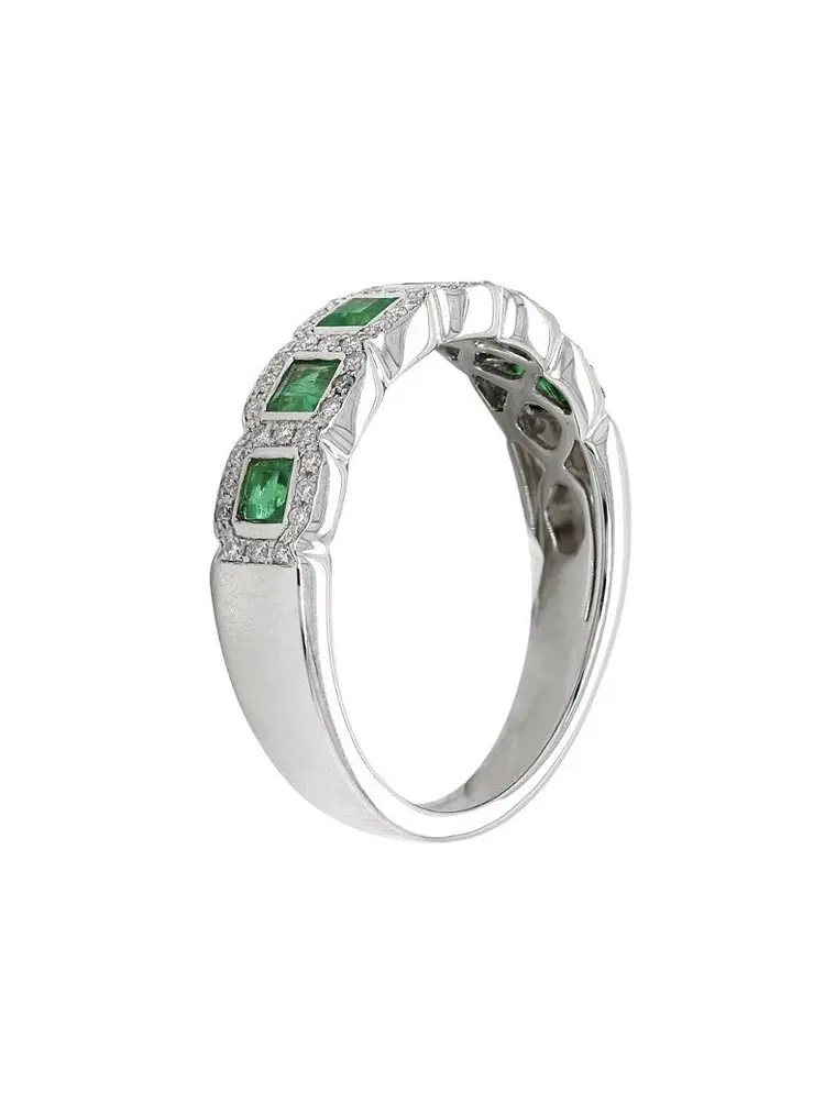 Anillo Cintillo Preciosas Esmeraldas y Diamantes en Oro Blanco 18K 2