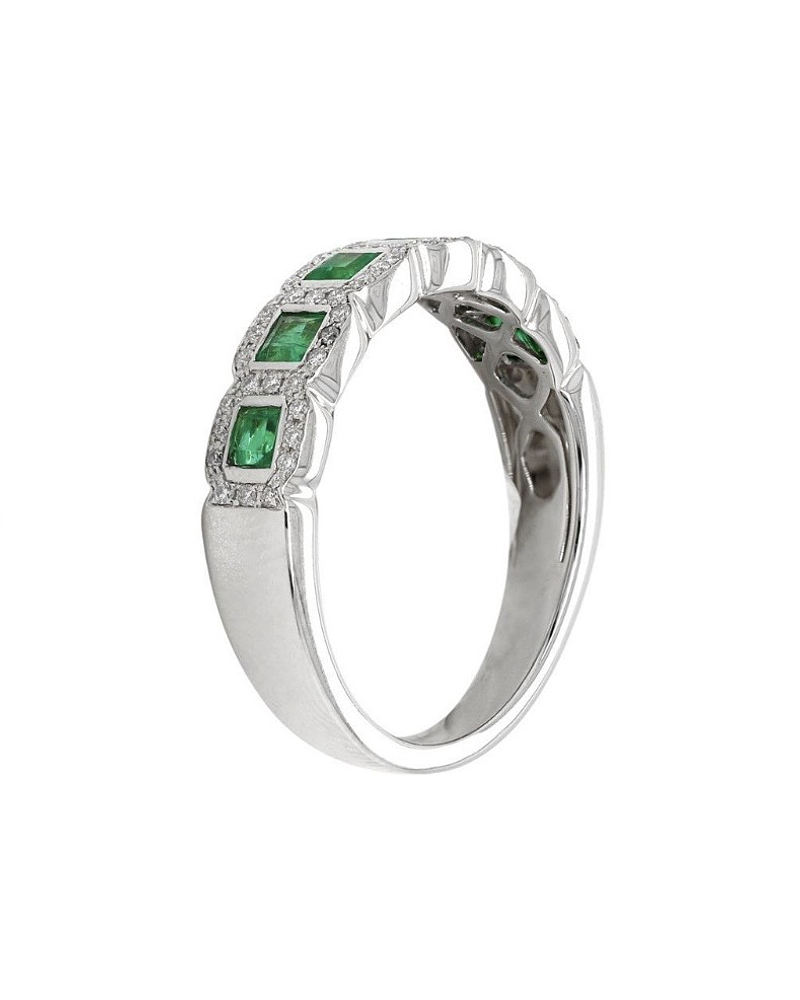 Anillo Cintillo Preciosas Esmeraldas y Diamantes en Oro Blanco 18K