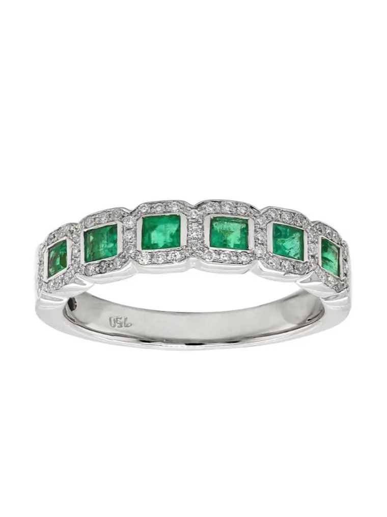 Anillo Cintillo Preciosas Esmeraldas y Diamantes en Oro Blanco 18K 3