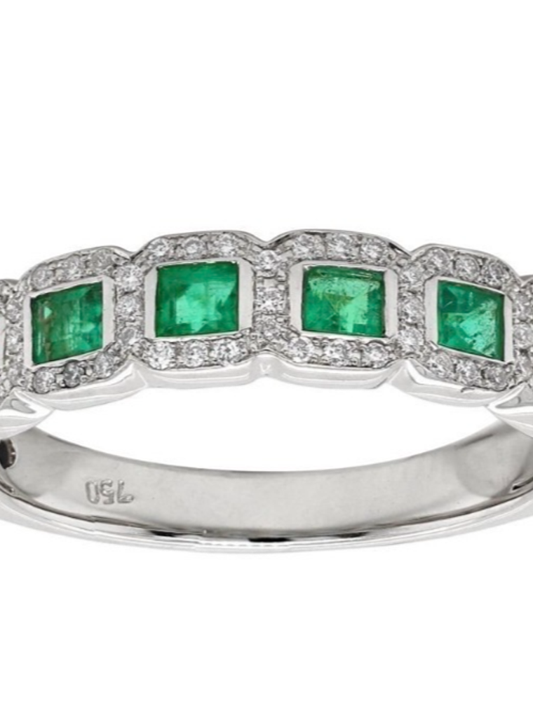 Anillo Cintillo Preciosas Esmeraldas y Diamantes en Oro Blanco 18K 3