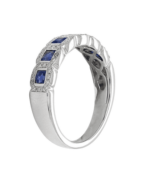 Anillo Cintillo Preciosas Zafiros y Diamantes en Oro Blanco 18K