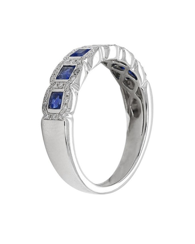 Anillo Cintillo Preciosas Zafiros y Diamantes en Oro Blanco 18K