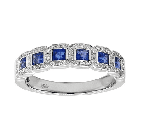 Anillo Cintillo Preciosas Zafiros y Diamantes en Oro Blanco 18K