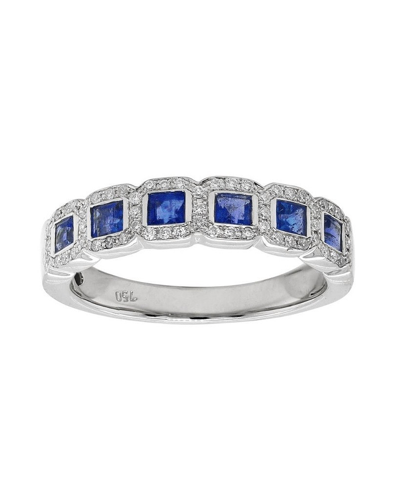 Anillo Cintillo Preciosas Zafiros y Diamantes en Oro Blanco 18K