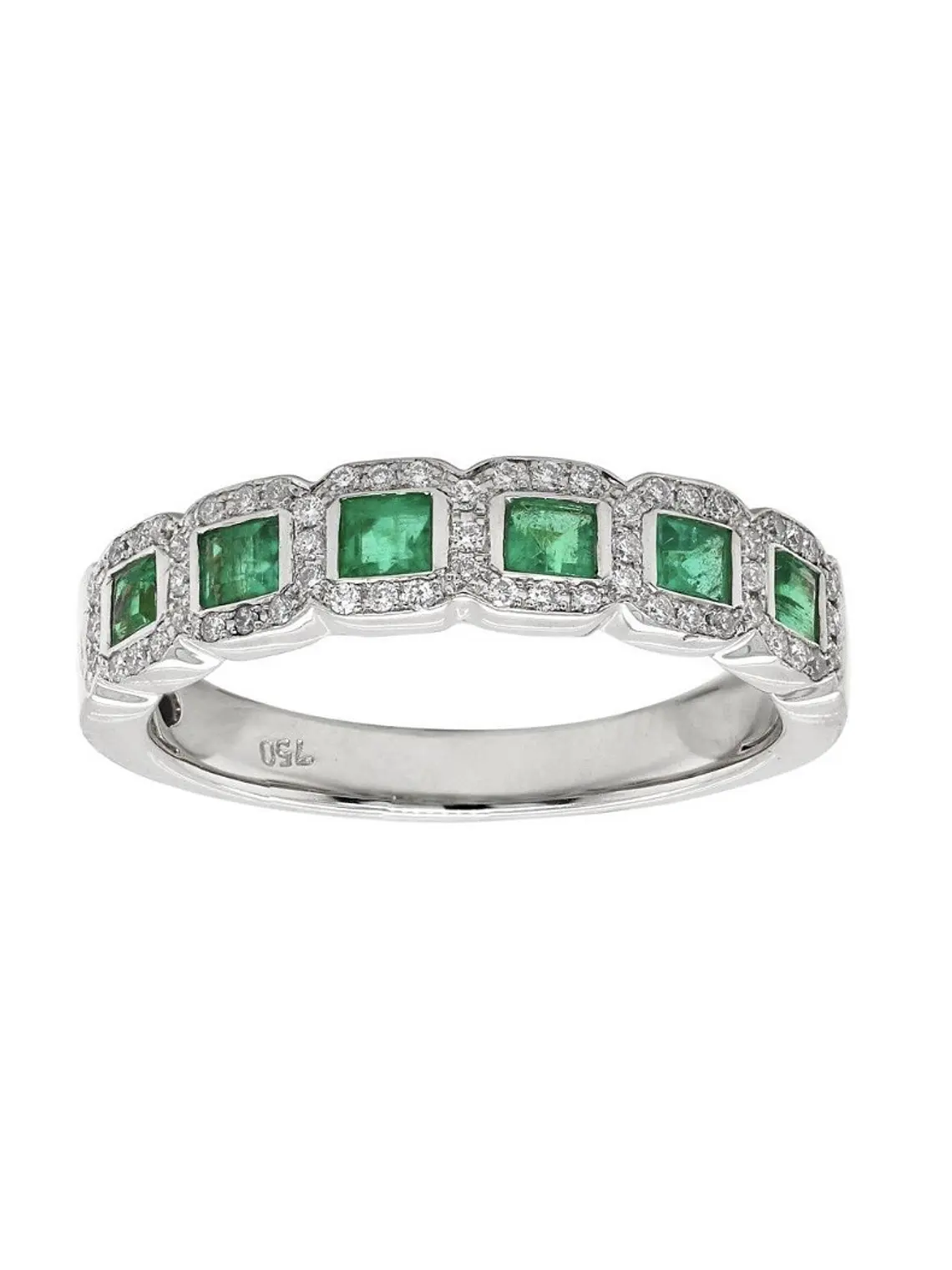 Anillo Cintillo Preciosas Esmeraldas y Diamantes en Oro Blanco 18K 1