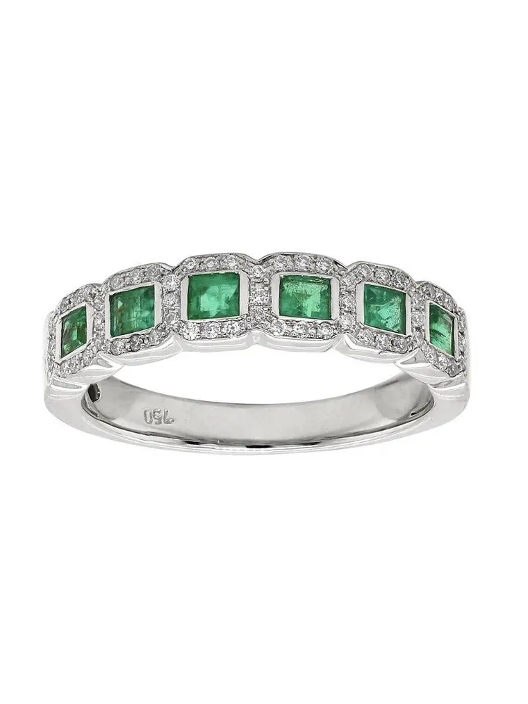 Anillo Cintillo Preciosas Esmeraldas y Diamantes en Oro Blanco 18K 1