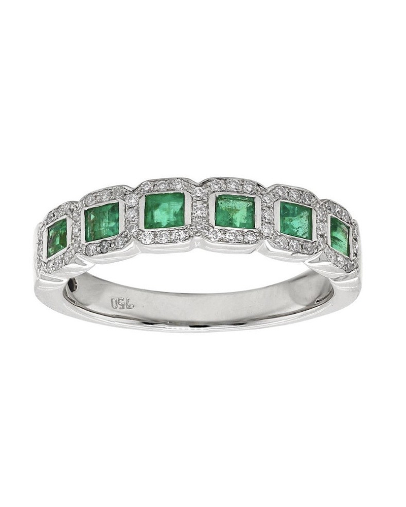 Anillo Cintillo Preciosas Esmeraldas y Diamantes en Oro Blanco 18K