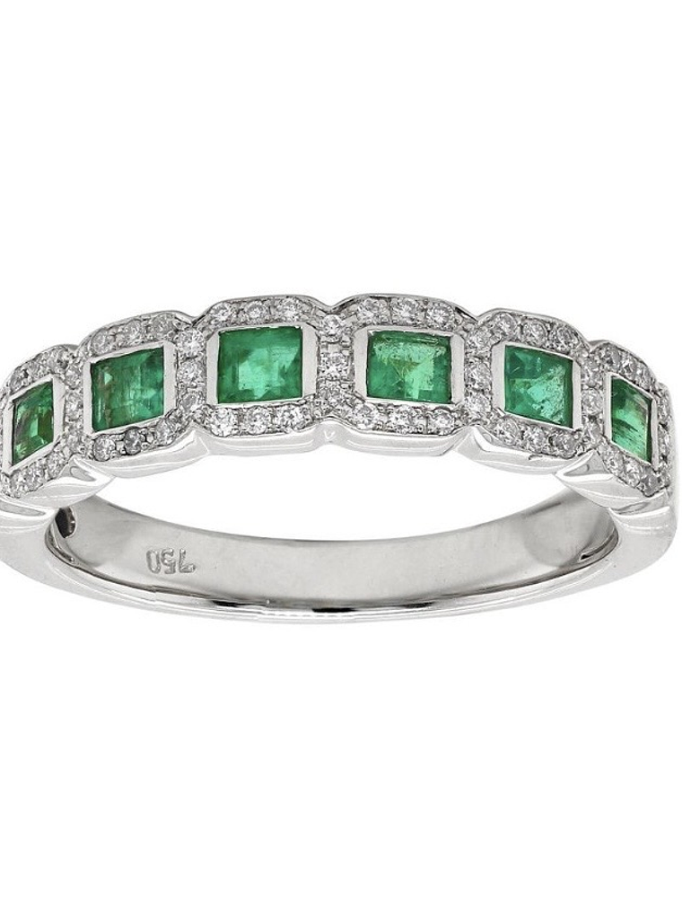 Anillo Cintillo Preciosas Esmeraldas y Diamantes en Oro Blanco 18K 1