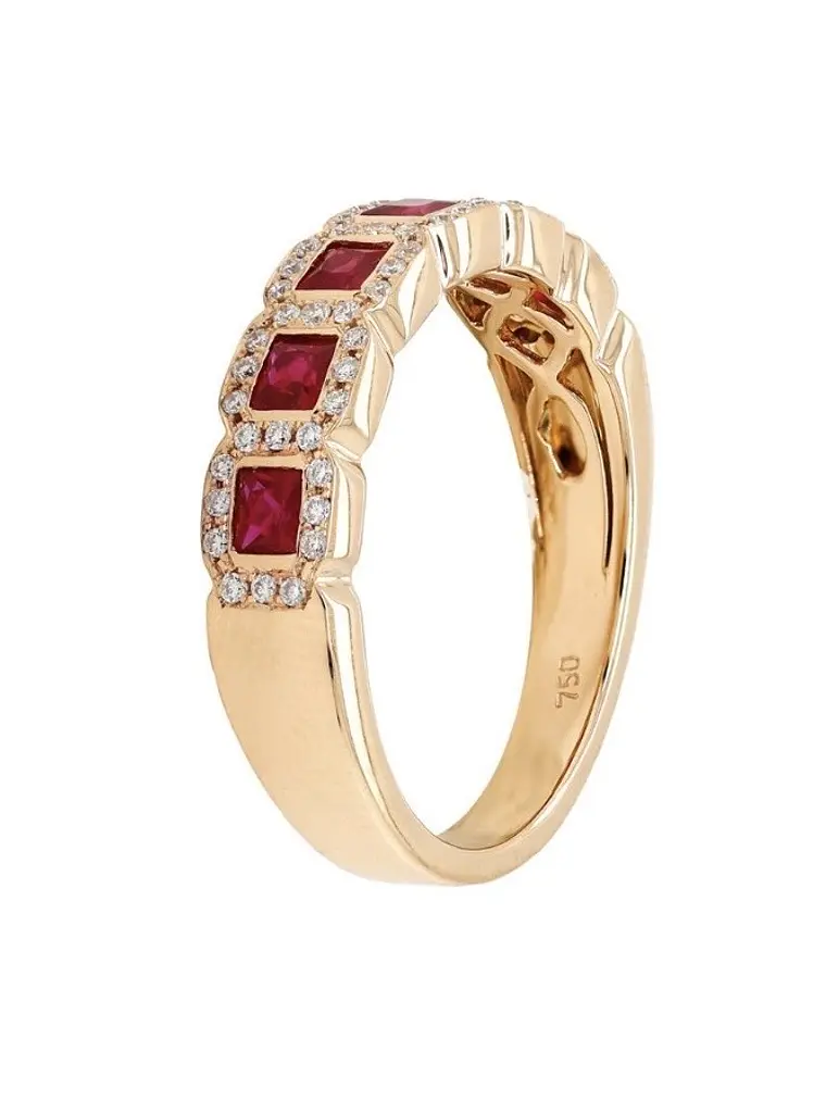 Anillo Cintillo Preciosos Rubíes y Diamantes en Oro Amarillo 18K 2