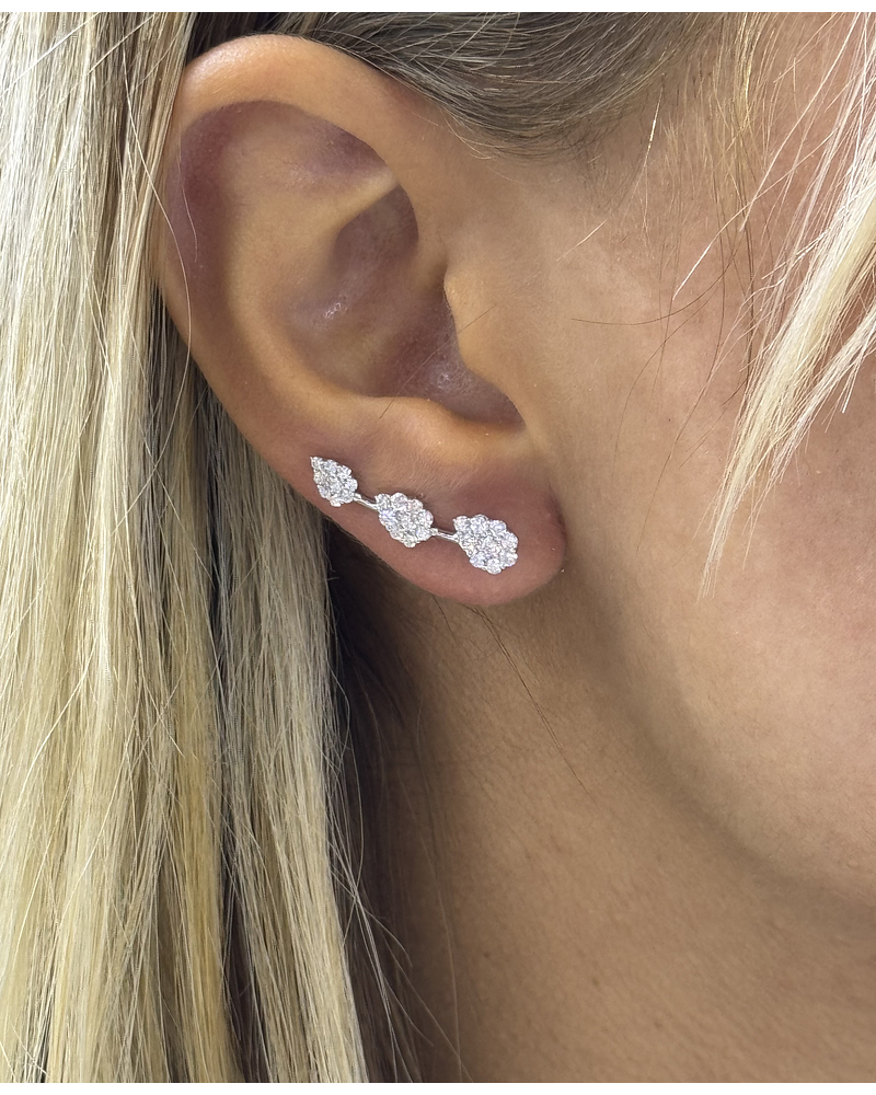 Aros Trepadores Triple Roseta Diamantes en Oro Blanco 18K