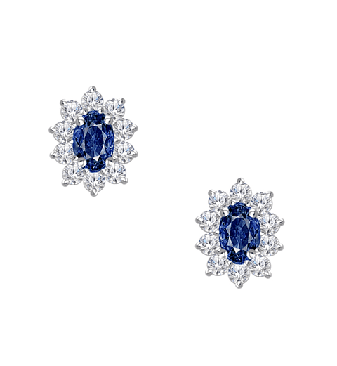 Aros Ovalados Zafiro Azul  y Diamantes en Oro Blanco 18K 