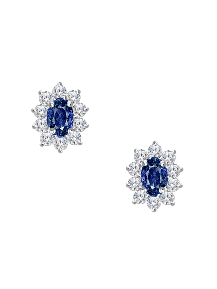 Aros Ovalados Zafiro Azul  y Diamantes en Oro Blanco 18K  1