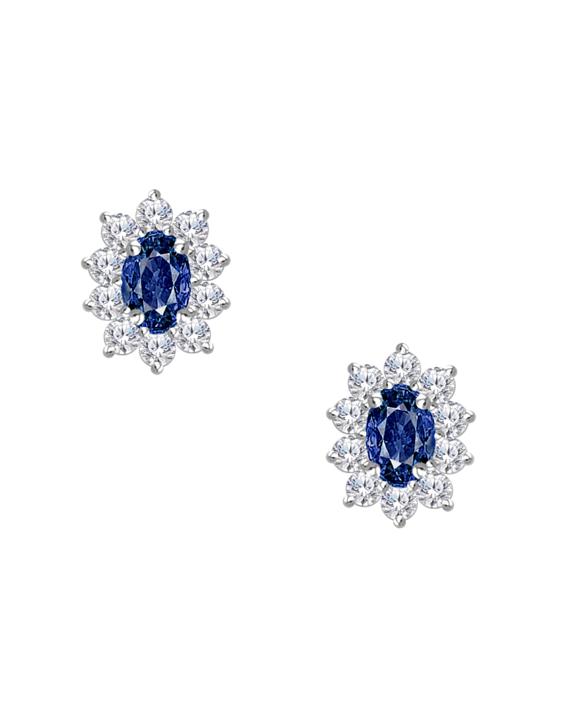 Aros Ovalados Zafiro Azul  y Diamantes en Oro Blanco 18K 