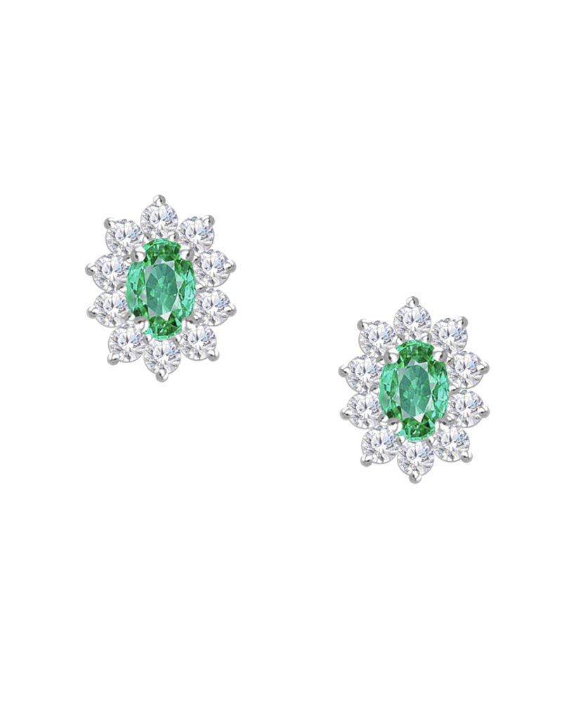 Aros Rosetas Ovalados Esmeraldas y Diamantes en Oro Blanco 18K 