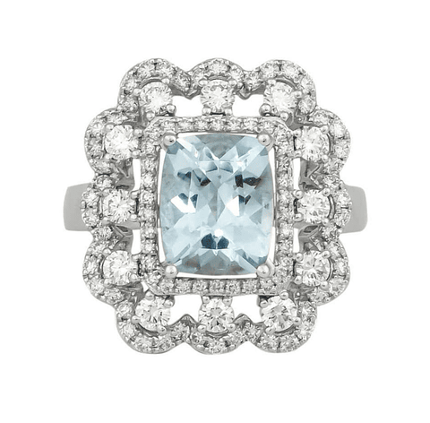 Gran Maxi Anillo Aguamarinas y Diamantes en Oro Blanco 18K