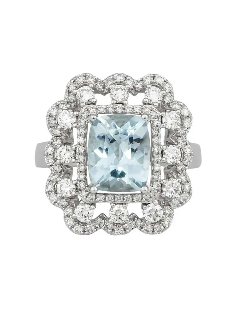 Gran Maxi Anillo Aguamarinas y Diamantes en Oro Blanco 18K 1