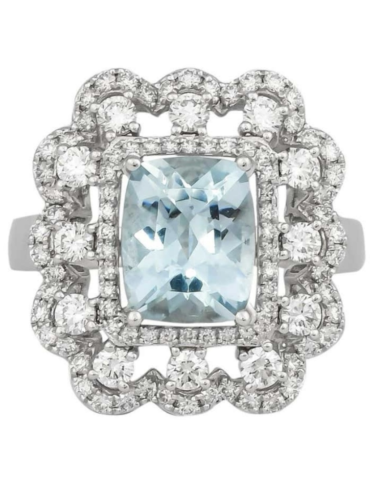 Gran Maxi Anillo Aguamarinas y Diamantes en Oro Blanco 18K 1