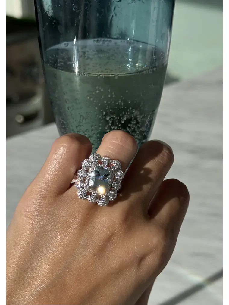 Gran Maxi Anillo Aguamarinas y Diamantes en Oro Blanco 18K 4