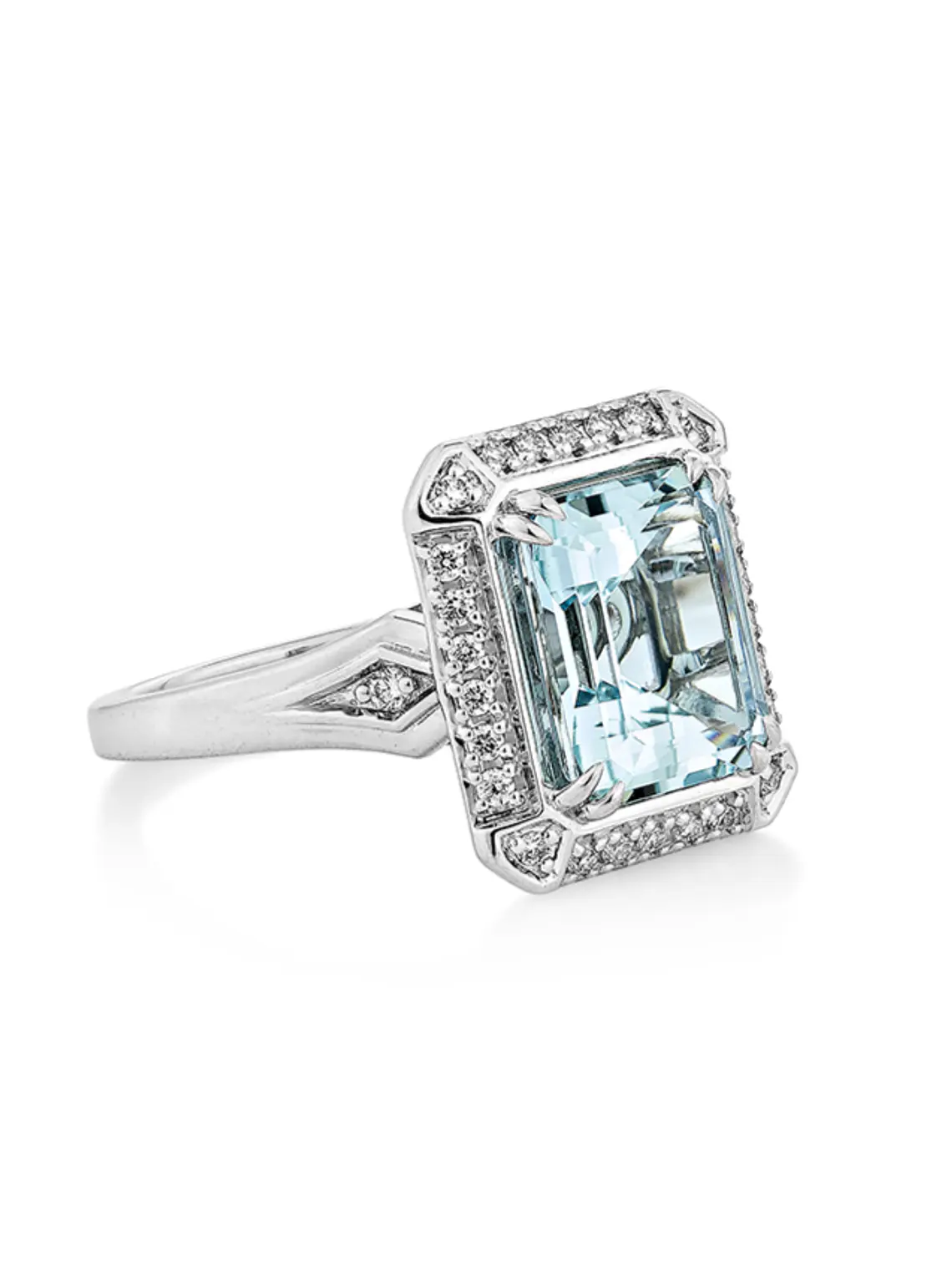 Gran Maxi Anillo Aguamarina Rectangular y Diamantes en Oro Blanco 18K 2
