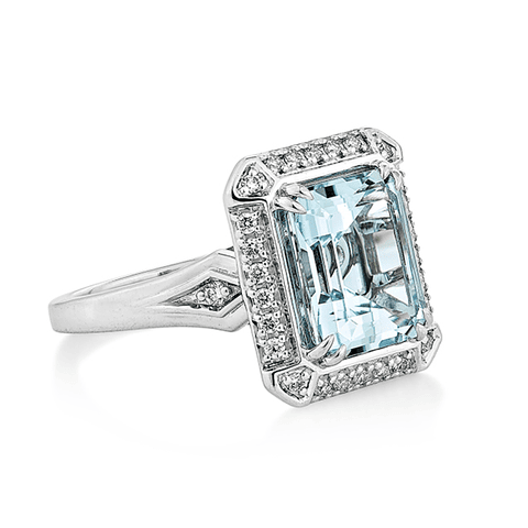 Gran Maxi Anillo Aguamarina Rectangular y Diamantes en Oro Blanco 18K