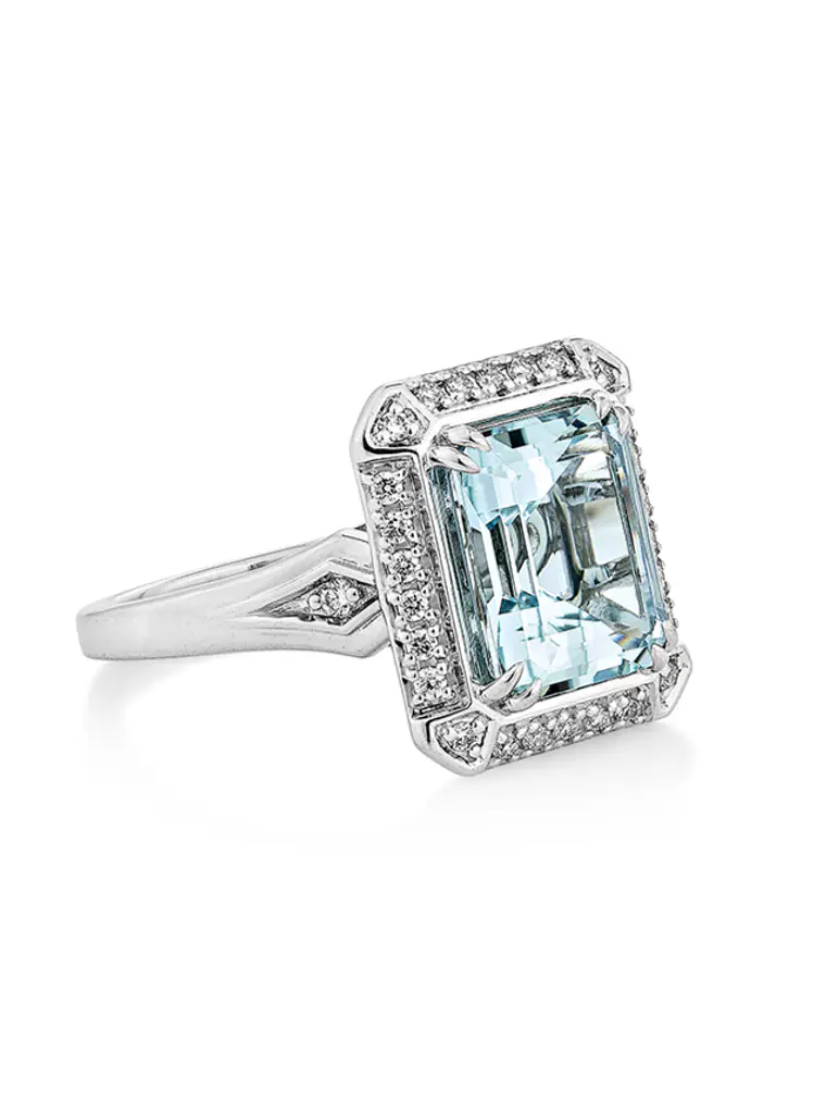 Gran Maxi Anillo Aguamarina Rectangular y Diamantes en Oro Blanco 18K 2